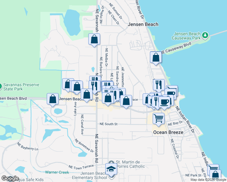 map of restaurants, bars, coffee shops, grocery stores, and more near 3374 Northeast Sandra Drive in Jensen Beach