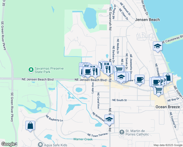 map of restaurants, bars, coffee shops, grocery stores, and more near 3391 Northeast West Court in Jensen Beach