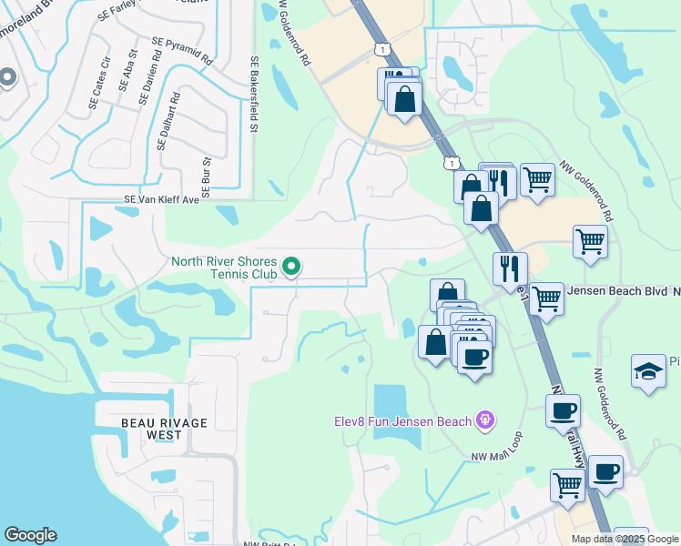 map of restaurants, bars, coffee shops, grocery stores, and more near 2155 Northwest Diamond Creek Way in Jensen Beach