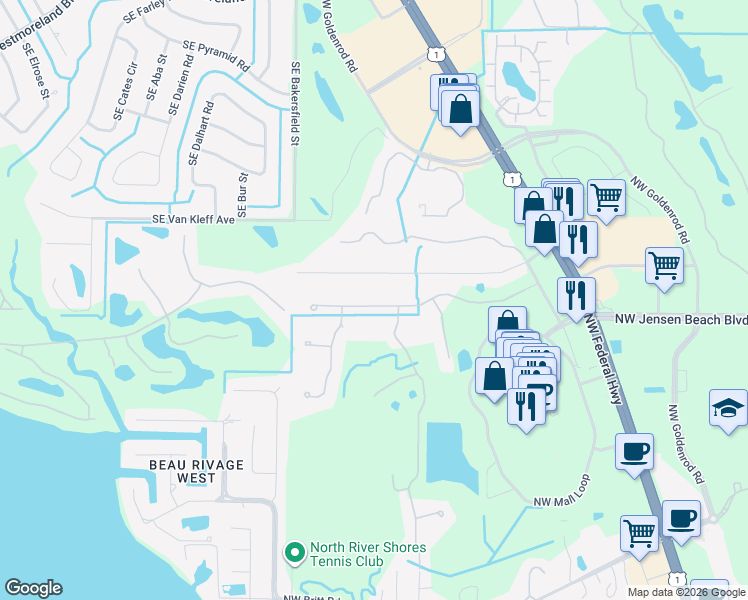 map of restaurants, bars, coffee shops, grocery stores, and more near 2155 Northwest Diamond Creek Way in Jensen Beach