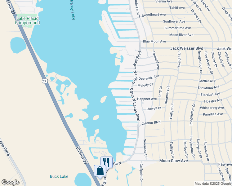 map of restaurants, bars, coffee shops, grocery stores, and more near 129 Temptation Lane in Lake Placid