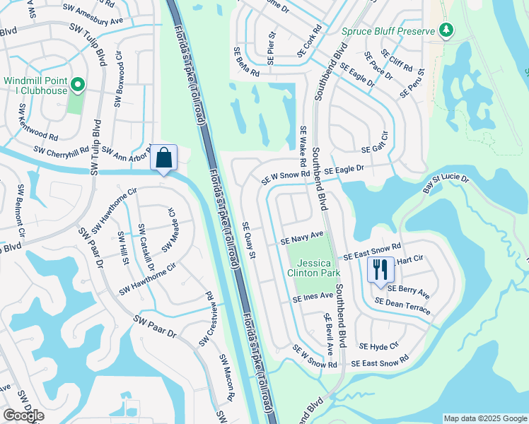 map of restaurants, bars, coffee shops, grocery stores, and more near 3230 Southeast West Snow Road in Port St. Lucie