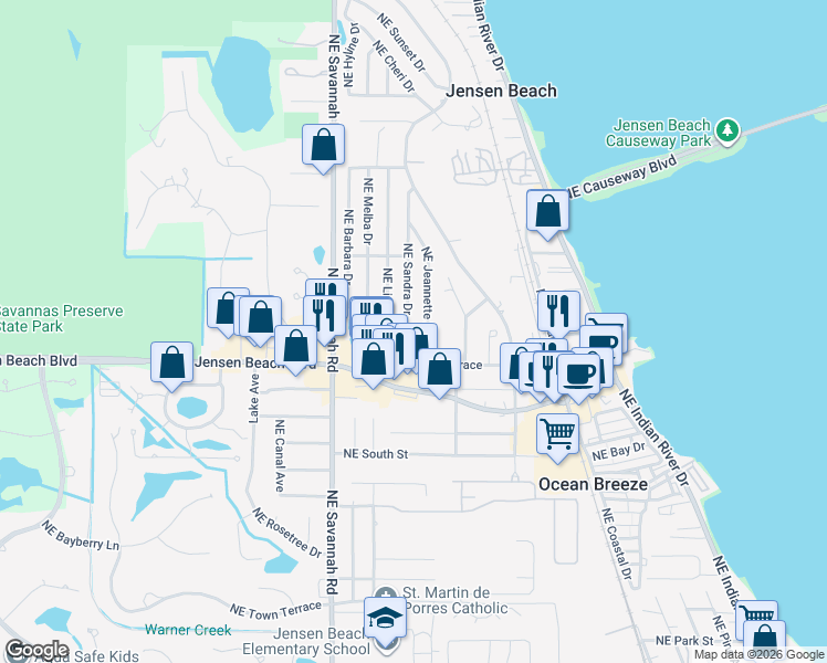 map of restaurants, bars, coffee shops, grocery stores, and more near 3374 Northeast Sandra Drive in Jensen Beach