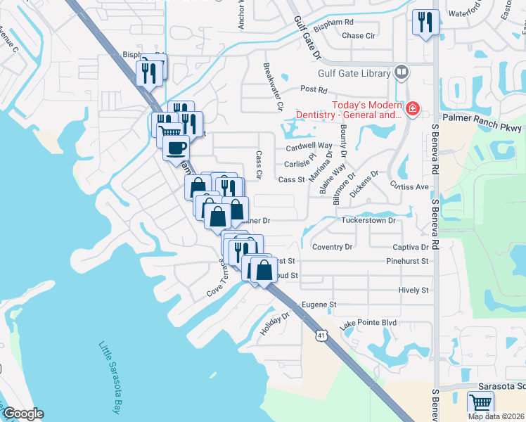 map of restaurants, bars, coffee shops, grocery stores, and more near 2275 Pine View Circle in Sarasota