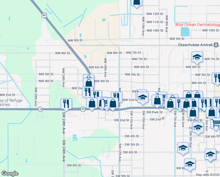 map of restaurants, bars, coffee shops, grocery stores, and more near 1801 Northwest 3rd Lane in Okeechobee