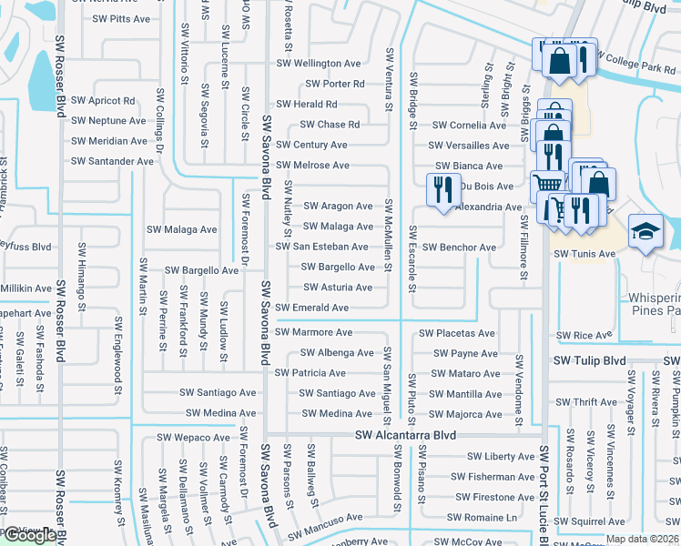 map of restaurants, bars, coffee shops, grocery stores, and more near 1234 Southwest Bargello Avenue in Port St. Lucie