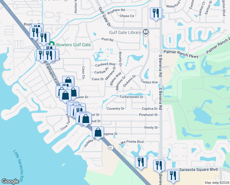 map of restaurants, bars, coffee shops, grocery stores, and more near 7547 Mariana Drive in Sarasota