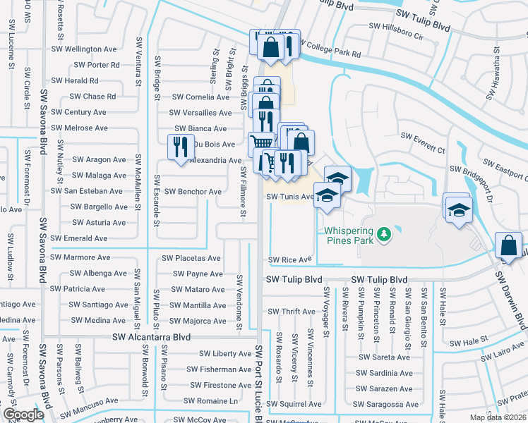 map of restaurants, bars, coffee shops, grocery stores, and more near 3287 Southwest Port Saint Lucie Boulevard in Port St. Lucie