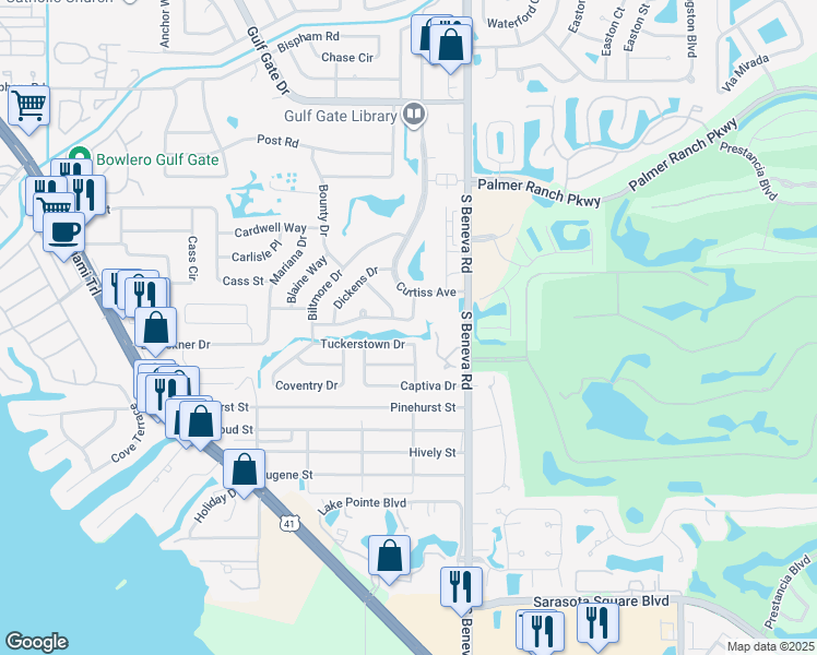 map of restaurants, bars, coffee shops, grocery stores, and more near 2876 Hardee Dr in Sarasota