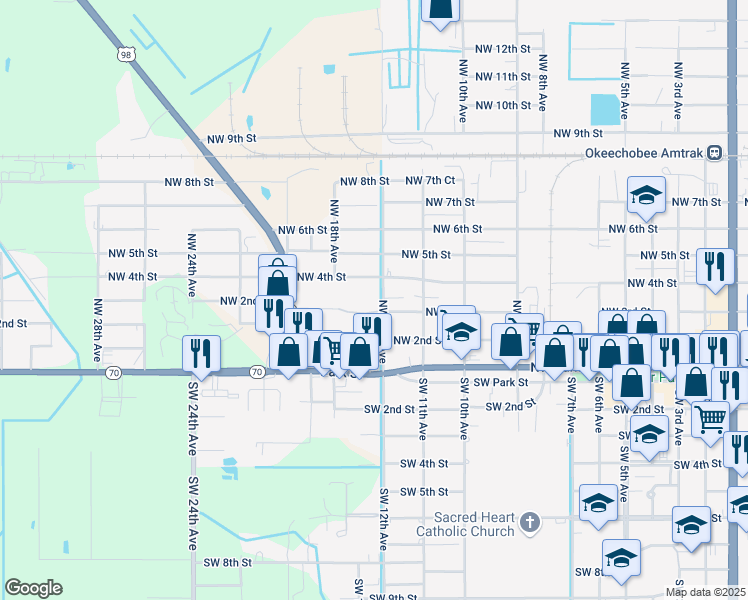 map of restaurants, bars, coffee shops, grocery stores, and more near 325 NW 12th Ave in Okeechobee
