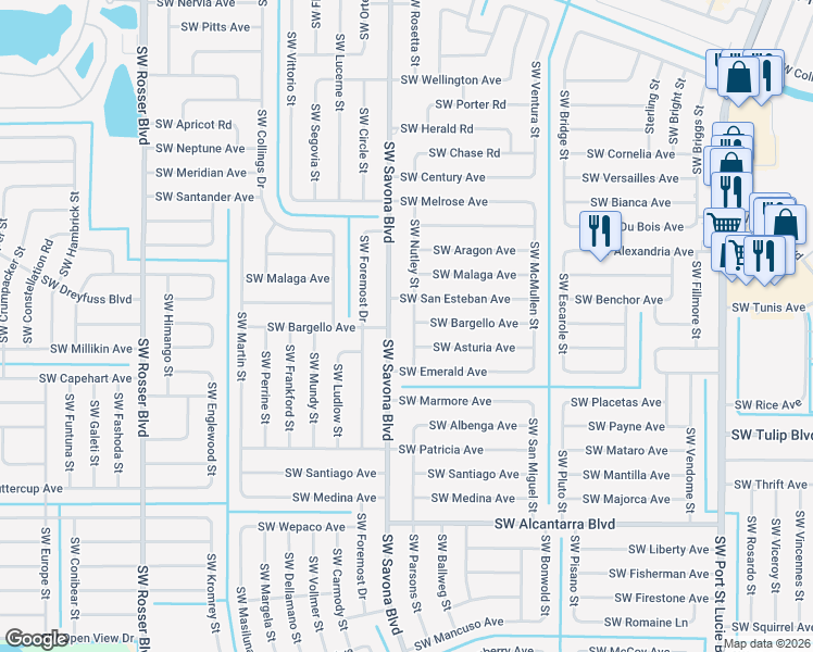 map of restaurants, bars, coffee shops, grocery stores, and more near 3242 Southwest Nutley Street in Port St. Lucie