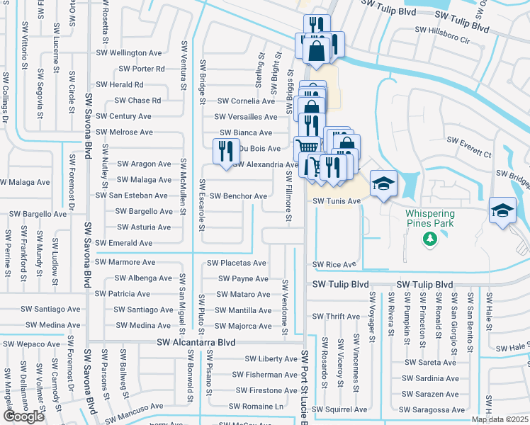 map of restaurants, bars, coffee shops, grocery stores, and more near 945 Southwest Cecil Lane in Port St. Lucie