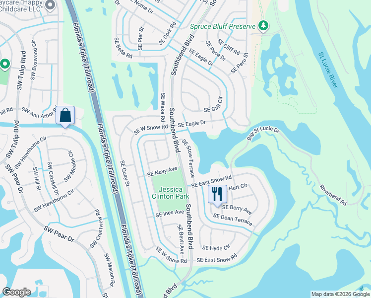 map of restaurants, bars, coffee shops, grocery stores, and more near 672 Southeast Stow Terrace in Port St. Lucie