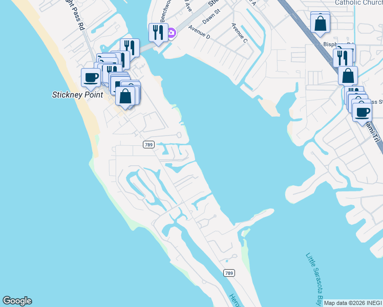 map of restaurants, bars, coffee shops, grocery stores, and more near 1253 North Basin Lane in Sarasota