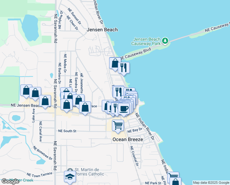 map of restaurants, bars, coffee shops, grocery stores, and more near 1850 Northeast Church Street in Jensen Beach