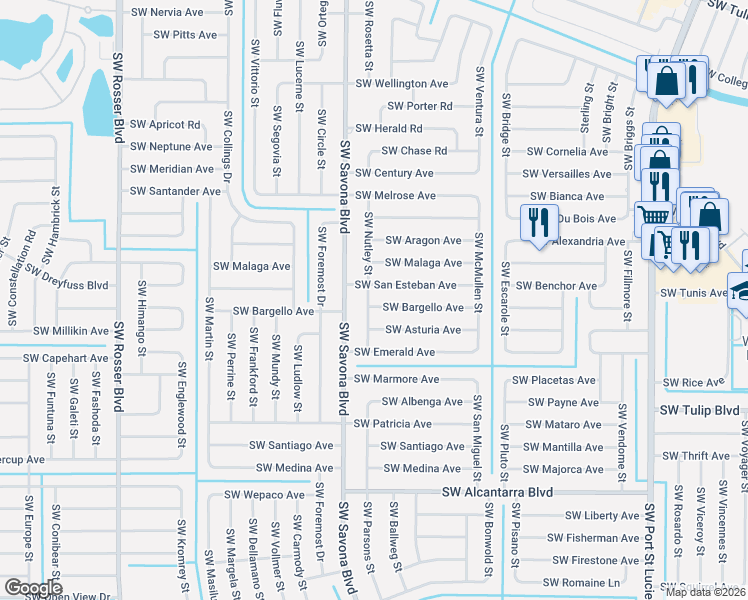 map of restaurants, bars, coffee shops, grocery stores, and more near 3242 Southwest Nutley Street in Port St. Lucie