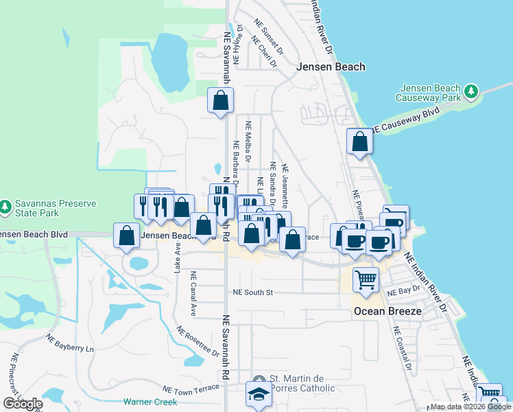 map of restaurants, bars, coffee shops, grocery stores, and more near 3408 Northeast Melba Drive in Jensen Beach