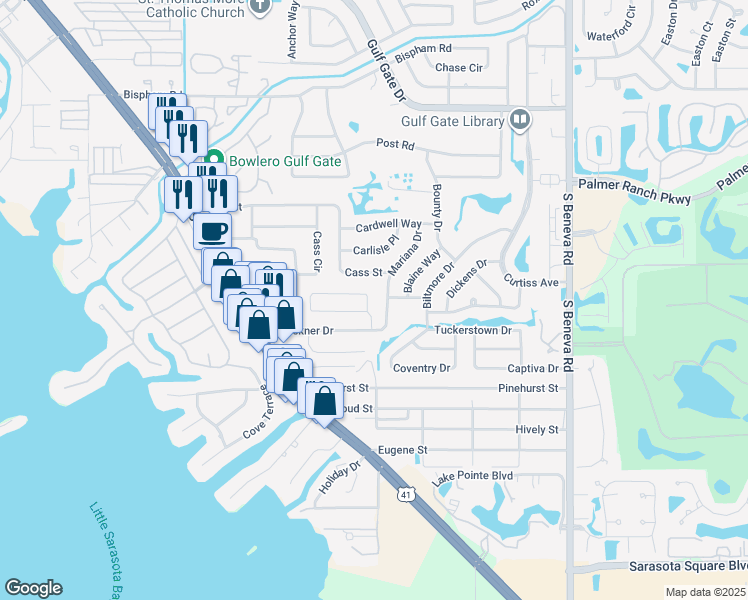 map of restaurants, bars, coffee shops, grocery stores, and more near 2440 Cass Street in Sarasota