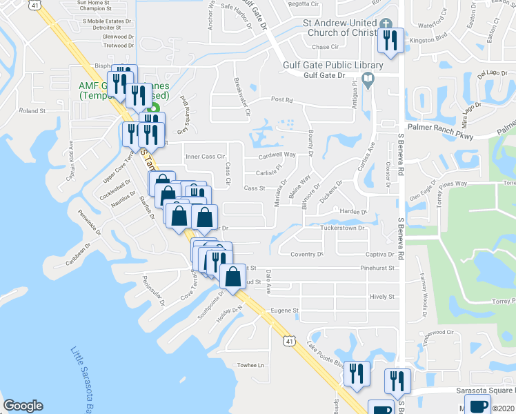 map of restaurants, bars, coffee shops, grocery stores, and more near 2218 Pine View Circle in Sarasota