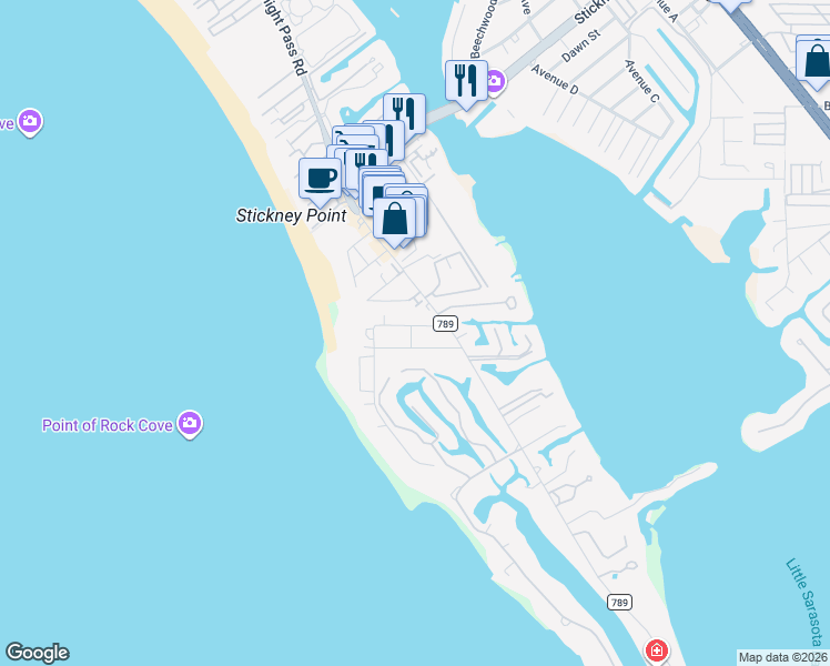 map of restaurants, bars, coffee shops, grocery stores, and more near 6782 Sarasea Circle in Sarasota