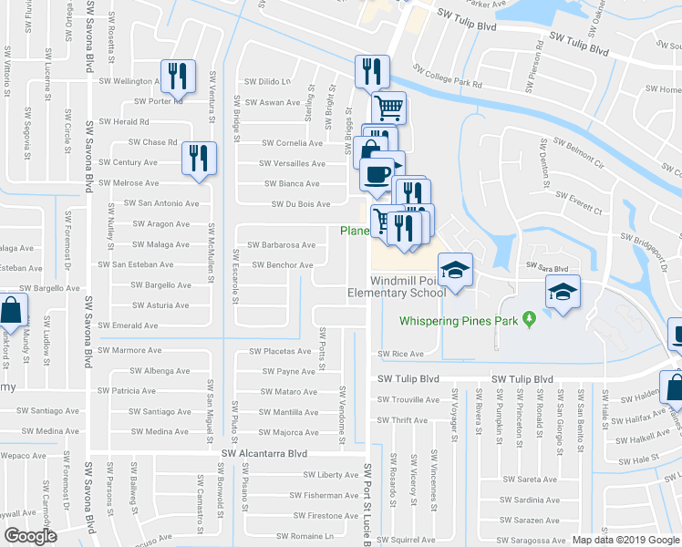 map of restaurants, bars, coffee shops, grocery stores, and more near 3266 Southwest Fillmore Street in Port Saint Lucie