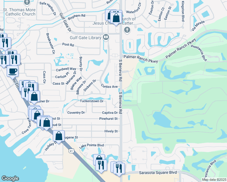 map of restaurants, bars, coffee shops, grocery stores, and more near 7660 Curtiss Avenue in Sarasota