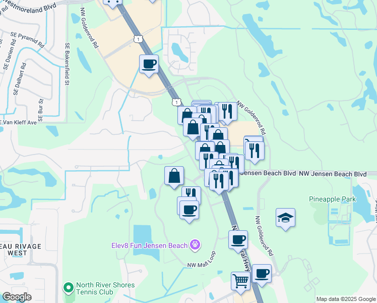 map of restaurants, bars, coffee shops, grocery stores, and more near 3451 Northwest Treasure Coast Drive in Jensen Beach