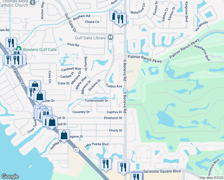 map of restaurants, bars, coffee shops, grocery stores, and more near 2895 Hardee Drive in Sarasota