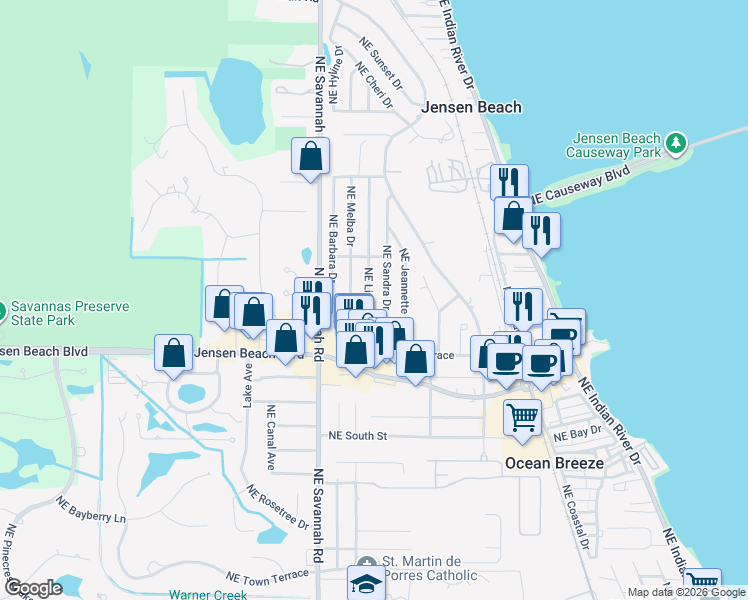 map of restaurants, bars, coffee shops, grocery stores, and more near 3514 Northeast Sandra Drive in Jensen Beach