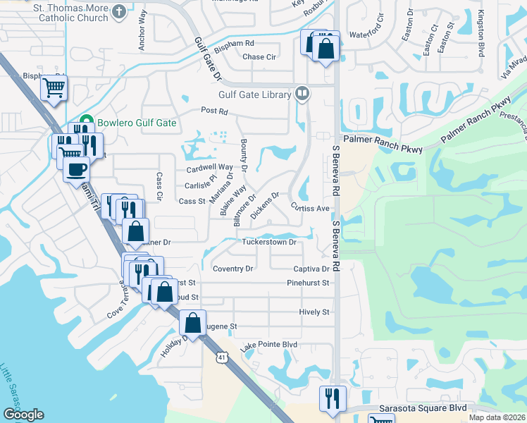 map of restaurants, bars, coffee shops, grocery stores, and more near 7518 Swanson Lane in Sarasota