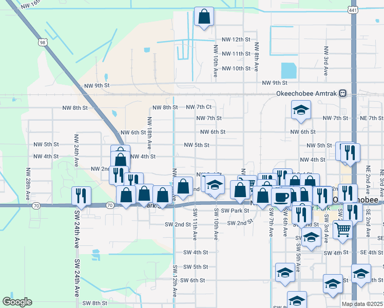 map of restaurants, bars, coffee shops, grocery stores, and more near 1108 Northwest 4th Street in Okeechobee