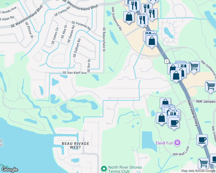 map of restaurants, bars, coffee shops, grocery stores, and more near 2359 Northwest Sunset Boulevard in Jensen Beach