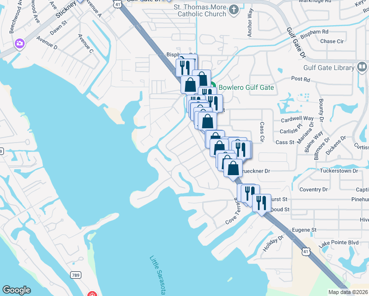 map of restaurants, bars, coffee shops, grocery stores, and more near 1839 Nautilus Drive in Sarasota