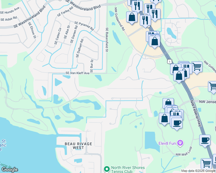 map of restaurants, bars, coffee shops, grocery stores, and more near 2359 Northwest Sunset Boulevard in Jensen Beach