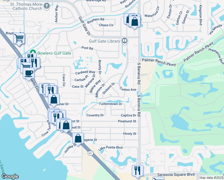 map of restaurants, bars, coffee shops, grocery stores, and more near 7518 Swanson Lane in Sarasota