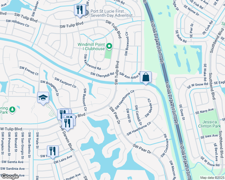 map of restaurants, bars, coffee shops, grocery stores, and more near 274 Southwest Bridgeport Drive in Port St. Lucie