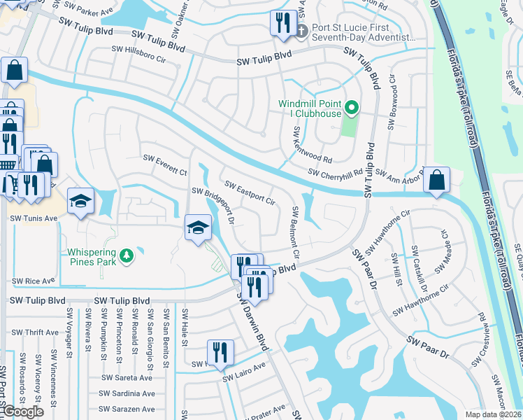 map of restaurants, bars, coffee shops, grocery stores, and more near 3241 Southwest Ronlea Court in Port St. Lucie