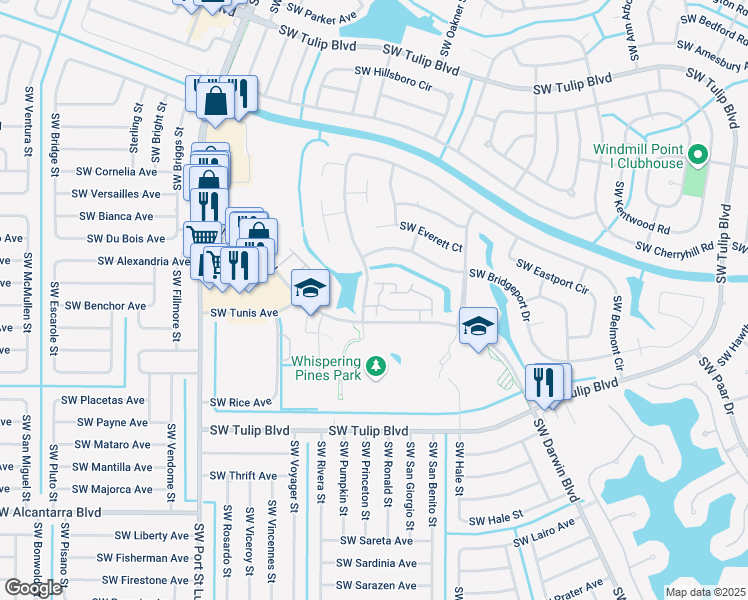 map of restaurants, bars, coffee shops, grocery stores, and more near 832 Southwest Monica Street in Port St. Lucie