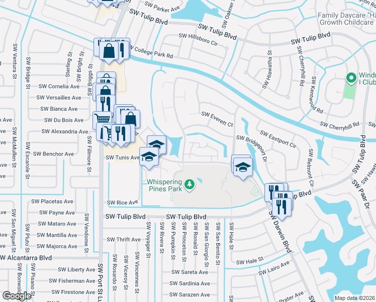 map of restaurants, bars, coffee shops, grocery stores, and more near 832 Southwest Monica Street in Port St. Lucie