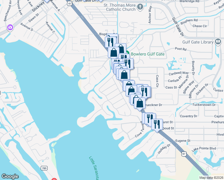 map of restaurants, bars, coffee shops, grocery stores, and more near 1839 Nautilus Drive in Sarasota
