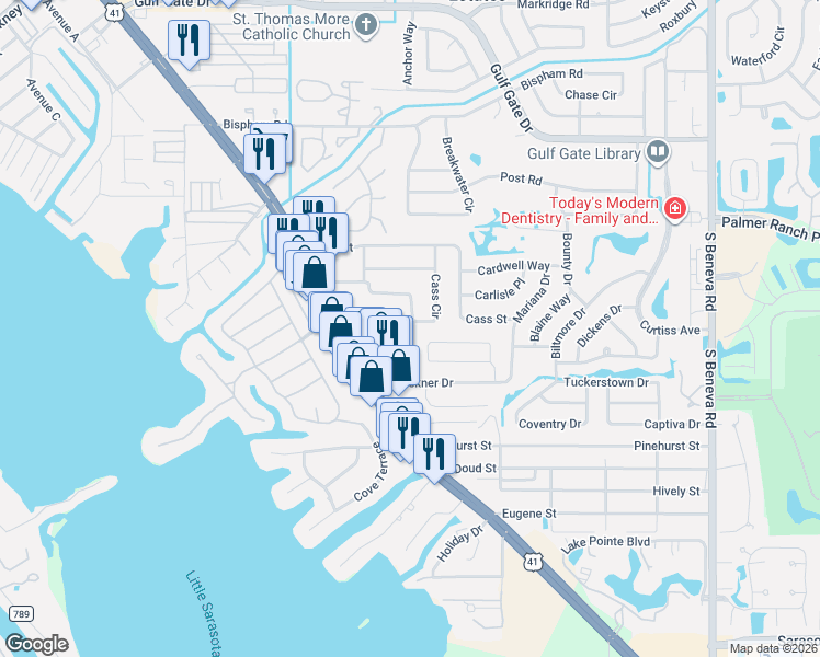 map of restaurants, bars, coffee shops, grocery stores, and more near 7424 Cass Circle in Sarasota