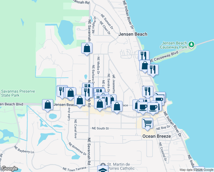 map of restaurants, bars, coffee shops, grocery stores, and more near 3514 Northeast Sandra Drive in Jensen Beach