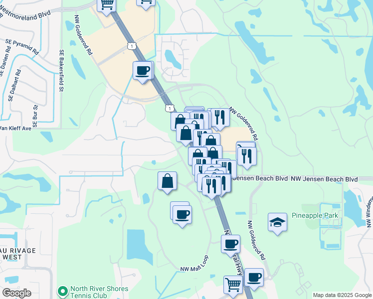 map of restaurants, bars, coffee shops, grocery stores, and more near 3451 Northwest Treasure Coast Drive in Jensen Beach