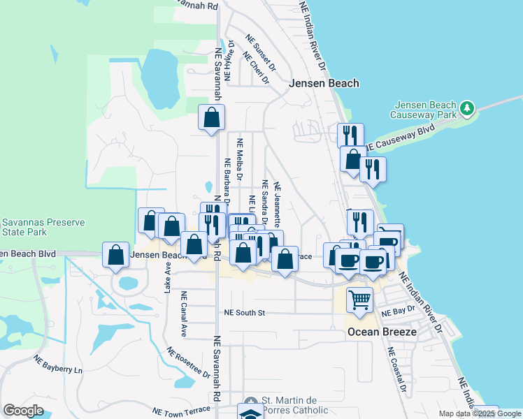 map of restaurants, bars, coffee shops, grocery stores, and more near 3514 Northeast Sandra Drive in Jensen Beach