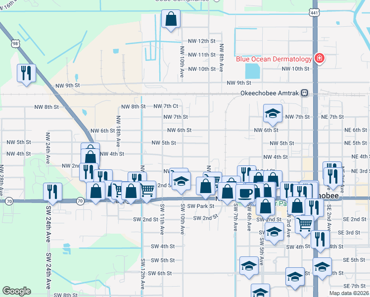 map of restaurants, bars, coffee shops, grocery stores, and more near 921 Northwest 5th Street in Okeechobee