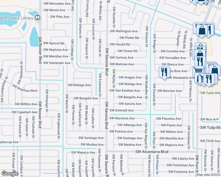 map of restaurants, bars, coffee shops, grocery stores, and more near 1277 Southwest San Esteban Avenue in Port St. Lucie