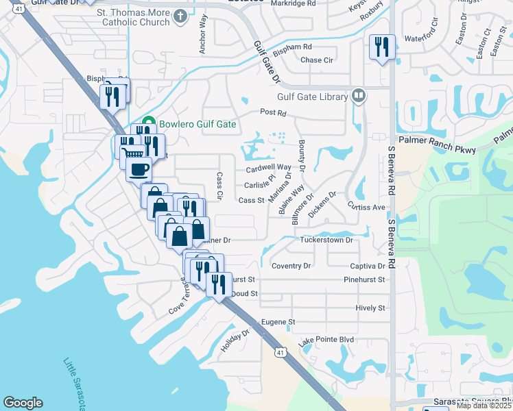 map of restaurants, bars, coffee shops, grocery stores, and more near 2440 Cass Street in Sarasota