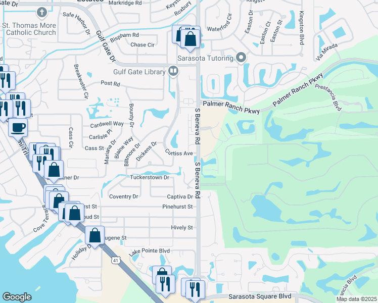 map of restaurants, bars, coffee shops, grocery stores, and more near 7660 Curtiss Avenue in Sarasota