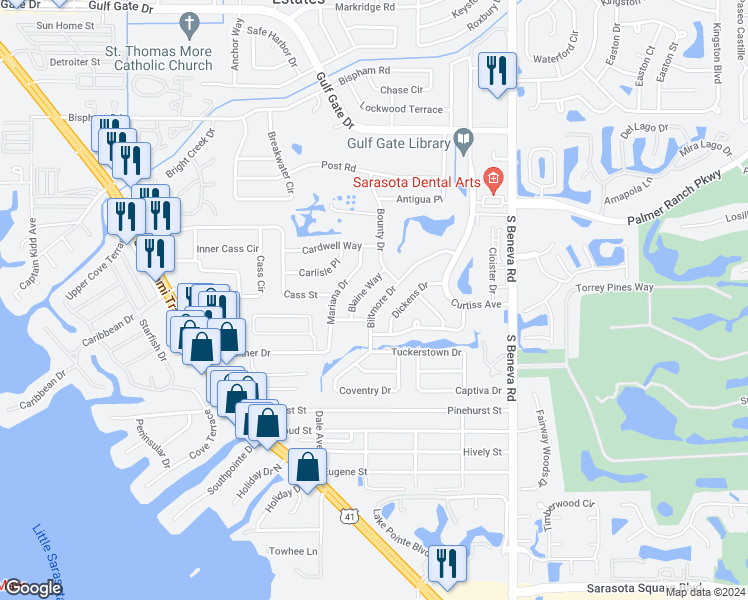 map of restaurants, bars, coffee shops, grocery stores, and more near 7446 Biltmore Drive in Sarasota