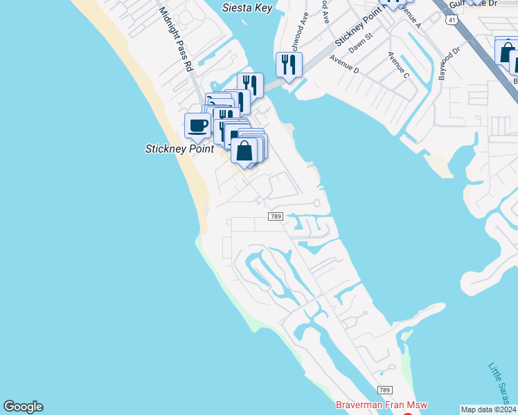 map of restaurants, bars, coffee shops, grocery stores, and more near 6782 Sarasea Circle in Sarasota